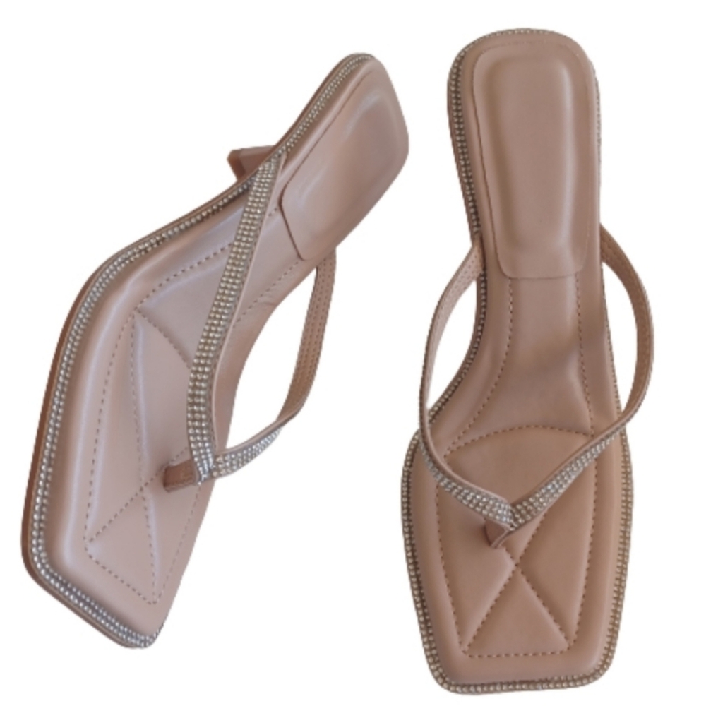 WOMEN'S APRICOT TAN High Heel Slide Stiletto Flip Flop Neutral Slip On Shoes - Picture 2 of 8